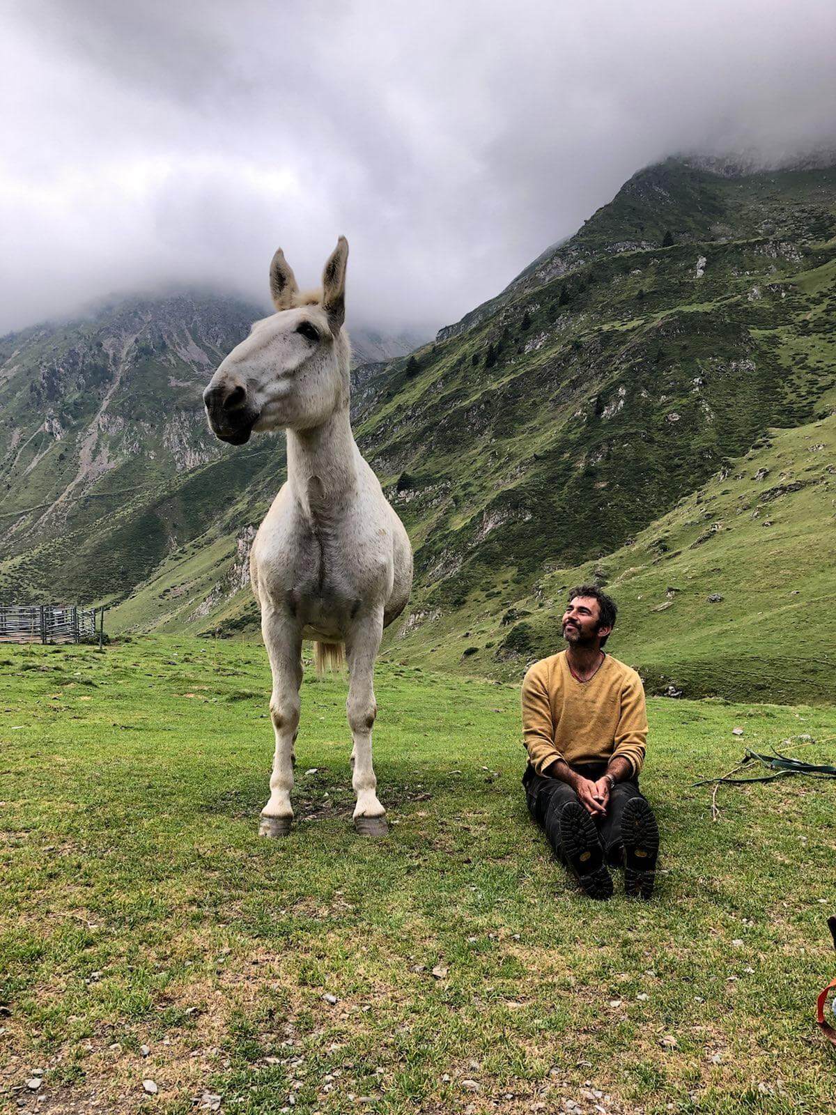 Randonnée à cheval dans les Pyrénées, Anatoly et son mulet Pachly à la pause au pied du pic du midi.