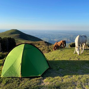 Bivouac en tente lors d'une randonnée à cheval dans les pyrénées